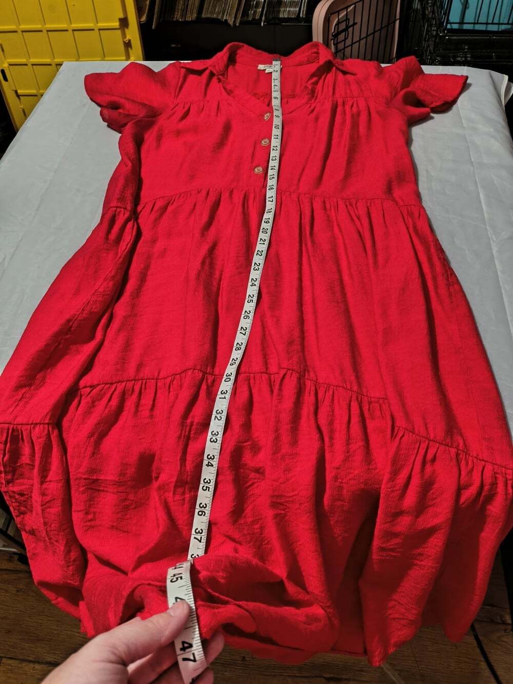 Umgee Red Button Front Tiered Shirt Dress Size Large Bohemian Style Split V Neck - Picture 11 of 13